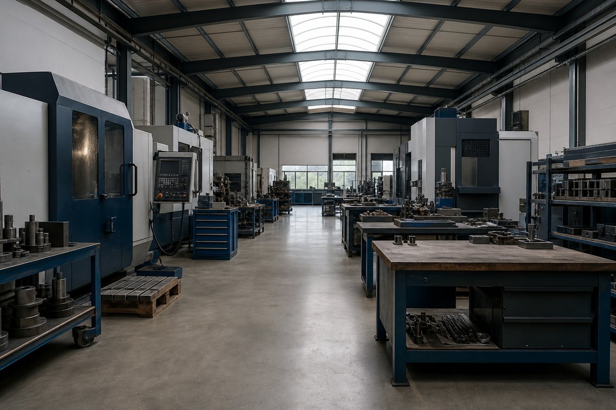 Aufgeräumte Fertigungshalle eines mittelständischen Betriebs mit CNC-Maschinen und Werkbänken